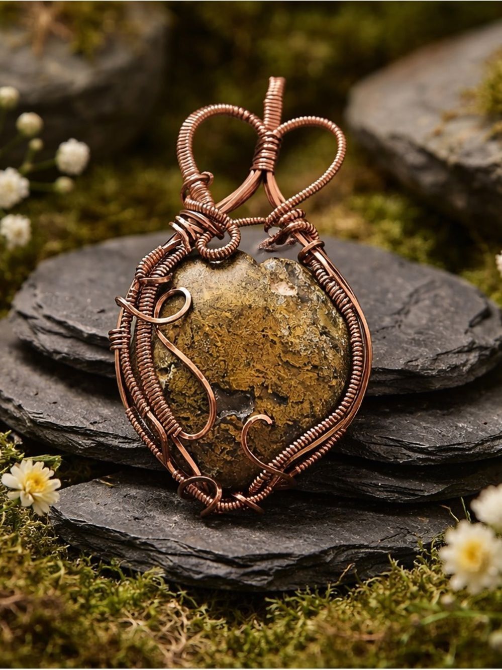 Handcrafted Copper Wire Wrapped Yellow-Brown Moss Agate Heart Pendant Necklace